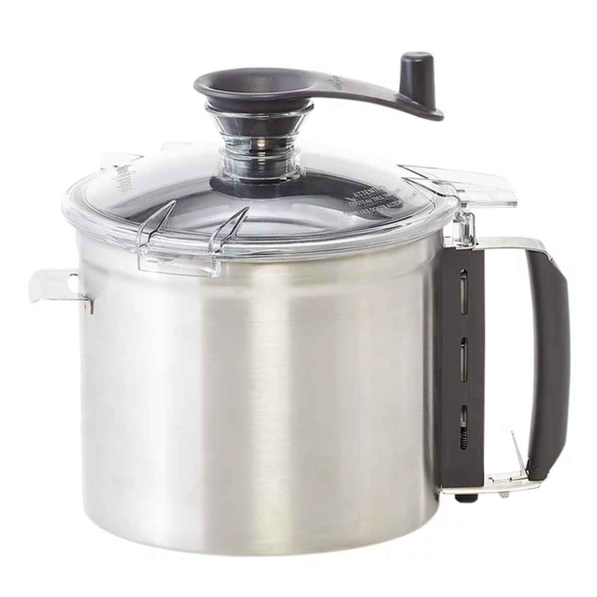 Brushed stainless steel bowl with watertight clear lid and Blixer arm