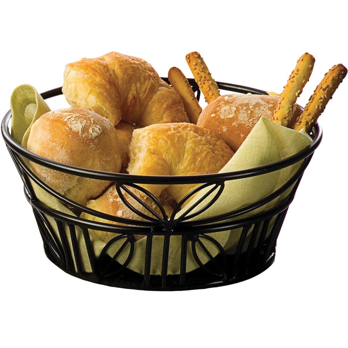 American Metalcraft BLLB94 black wrought iron round leaf bread basket filled with croissants, bread rolls, and breadsticks