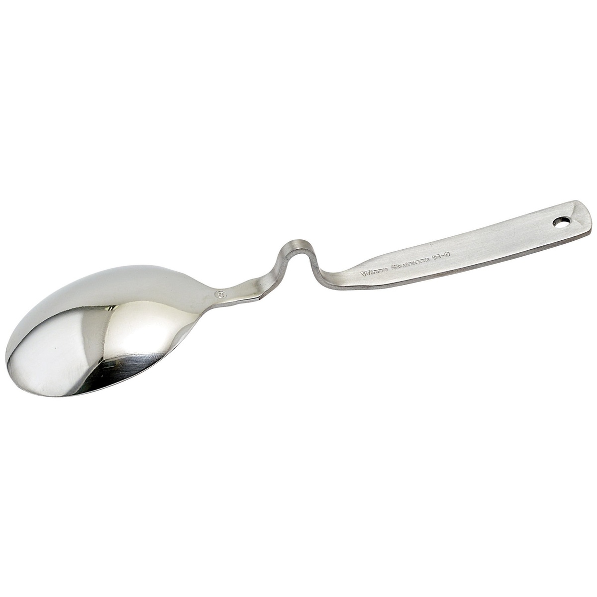 Winco BLS-6 stainless steel beer layering spoon showing the angled ridge notch and polished bowl