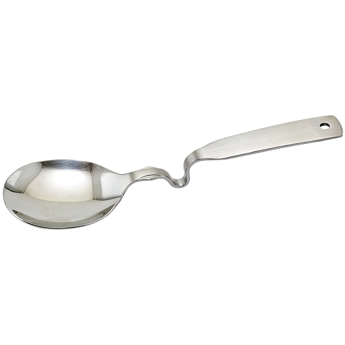 Side angle view of Winco BLS-6 beer layering spoon highlighting the offset handle and wide spoon bowl