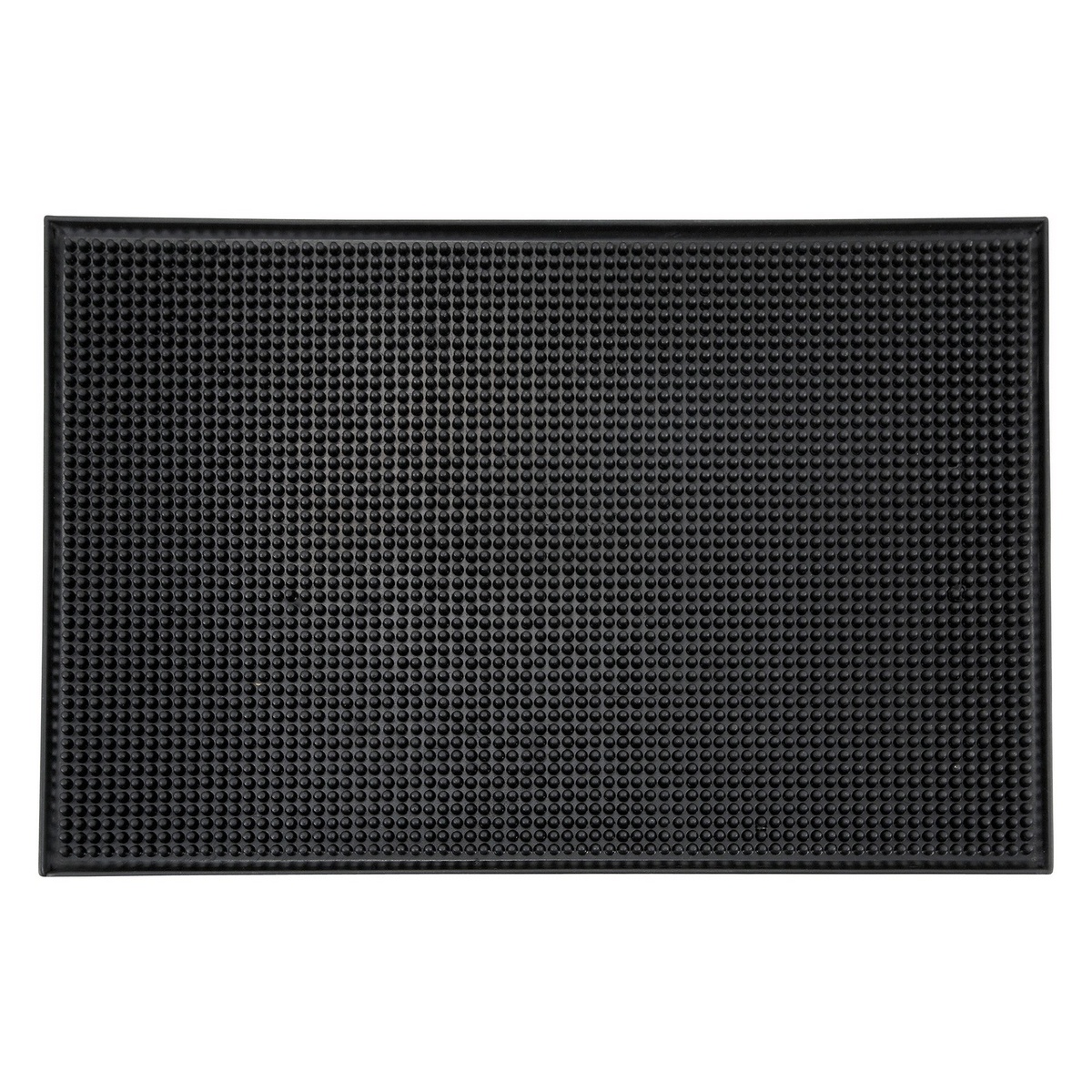 Winco BM-1812K black rubber bar service mat with raised nub texture, 18 x 12 inches, top-down view