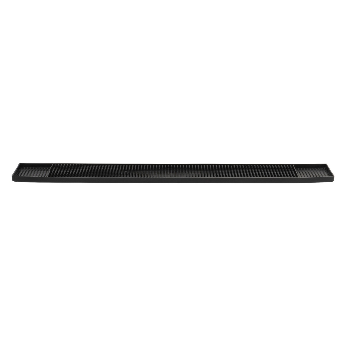 Winco BM-327K black rubber bar rail spill mat, full length view showing rectangular profile