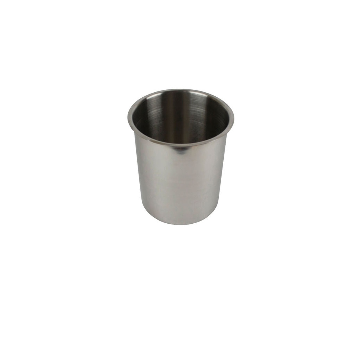 Libertyware BM04 stainless steel bain marie round inset, angled view showing open top and smooth exterior