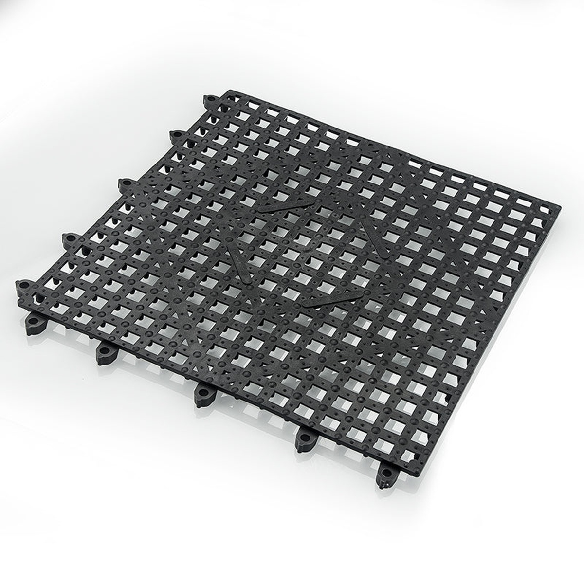 Two black interlocking bar mats with open-grid lattice pattern displayed at an angle