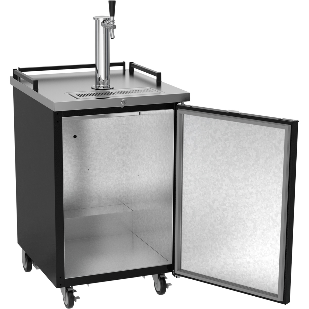 Angled view of Beverage-Air BM23HC-B with door open showing interior and draft tower