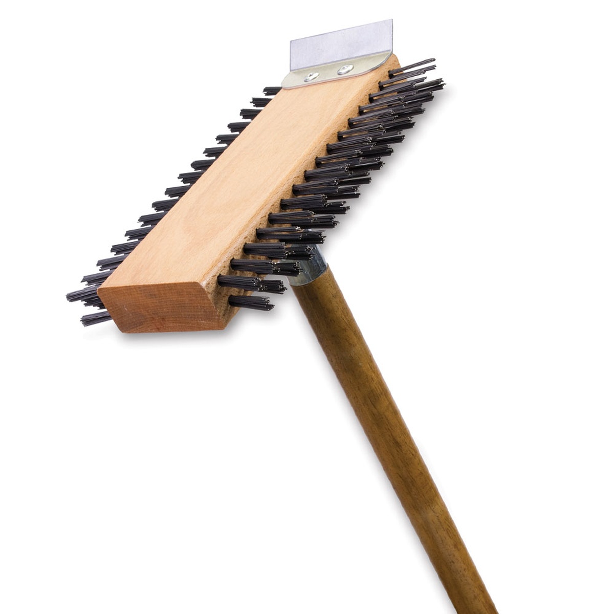 Malish Broiler Power Grill Brush with carbon steel bristles on double-sided wooden head and long wooden handle with metal scraper blade