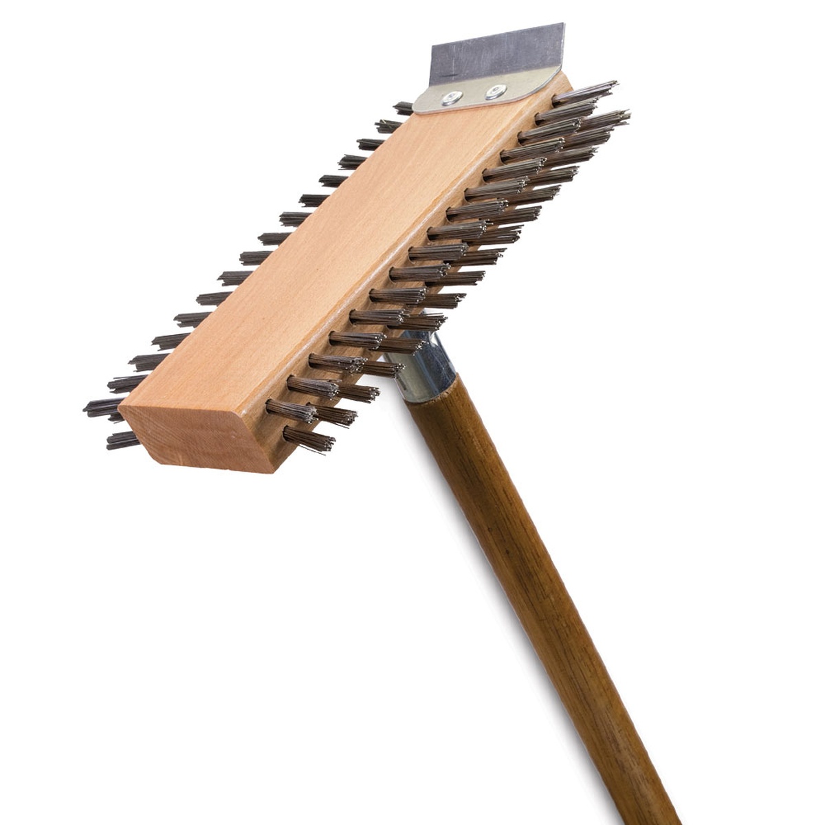Malish Broiler Power Grill Brush showing double-sided stainless steel bristles, wood handle, and metal scraper blade