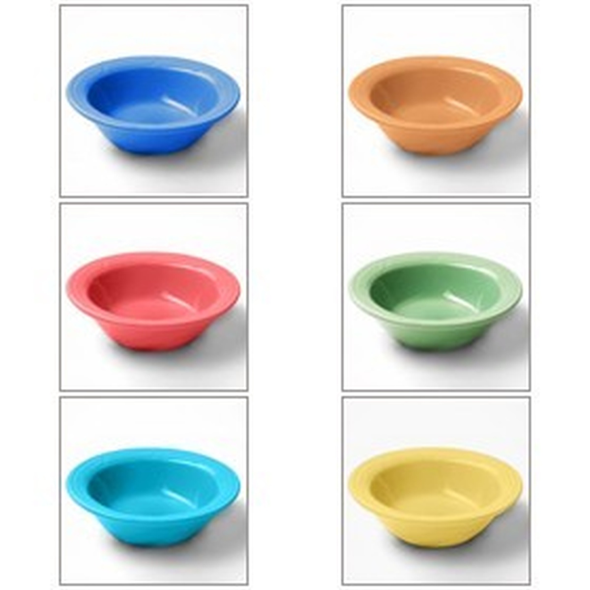 Crestware BP31 Bay Pointe 4 oz. fruit dish shown in six assorted colors: blue, orange, pink-red, green, light blue, and yellow