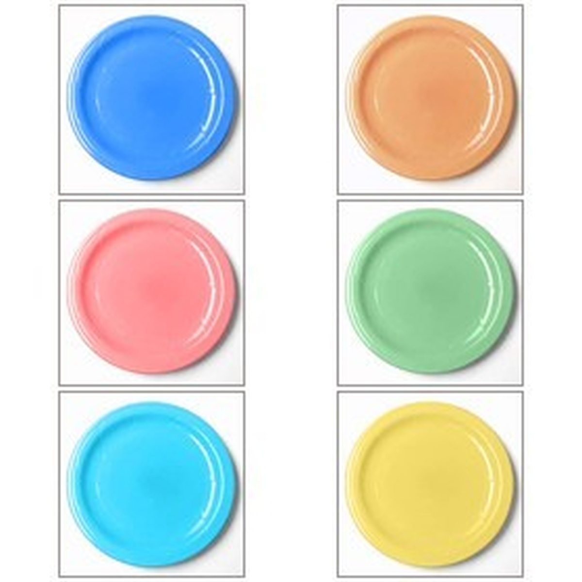 Crestware BP46 Bay Pointe 10-1/2-inch plates shown in all six colors: blue, peach, pink, light blue, green, and yellow