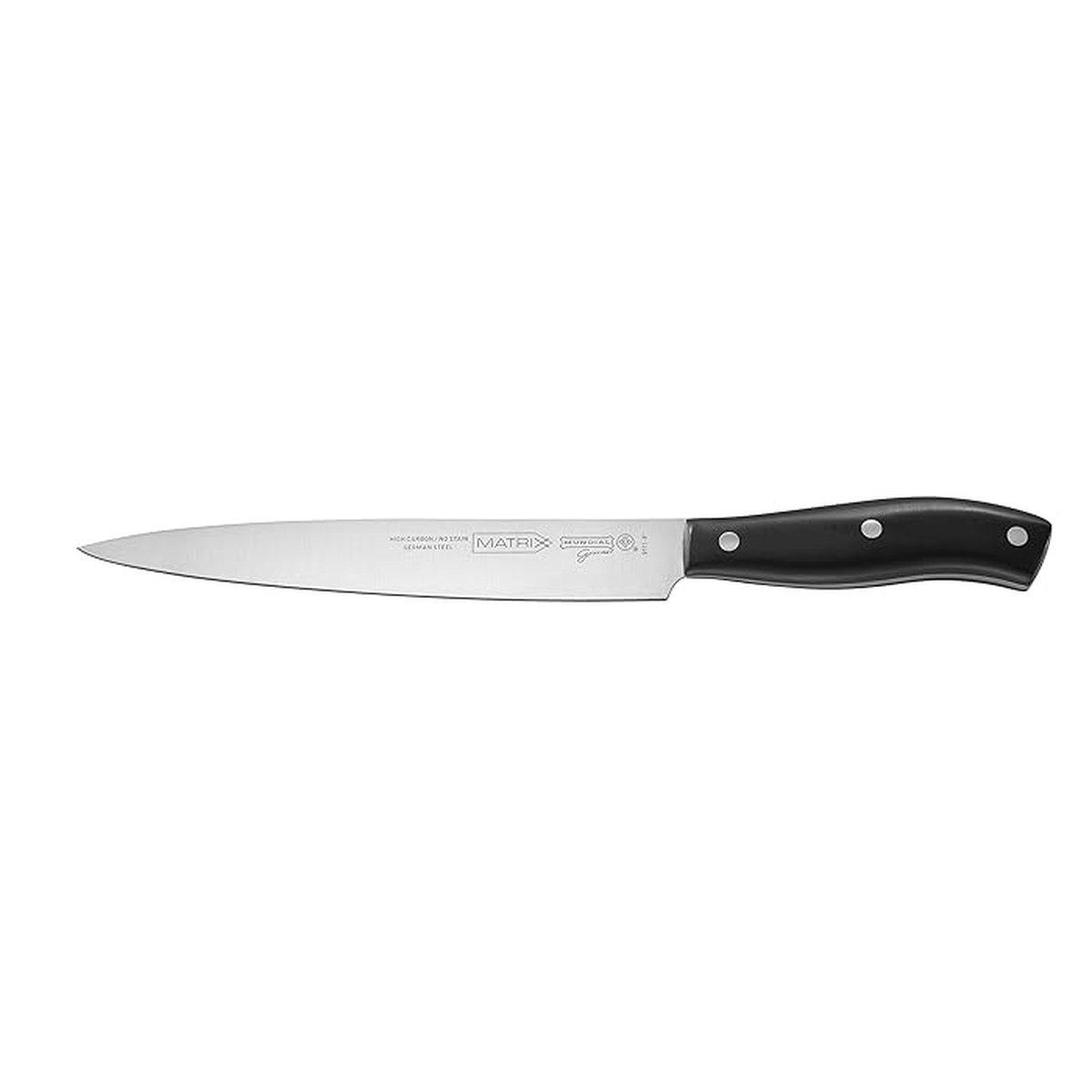 Mundial Matrix BP9111-8 8-inch carving knife with high carbon stainless steel blade and black riveted handle
