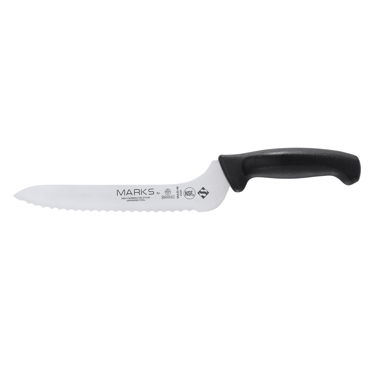Mundial Marks Series MA20-9E 9-inch offset bread knife with serrated blade and black ergonomic handle