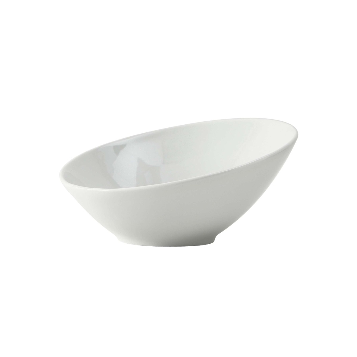 Tuxton porcelain white slant bowl showing smooth curved exterior and angled rim on white background
