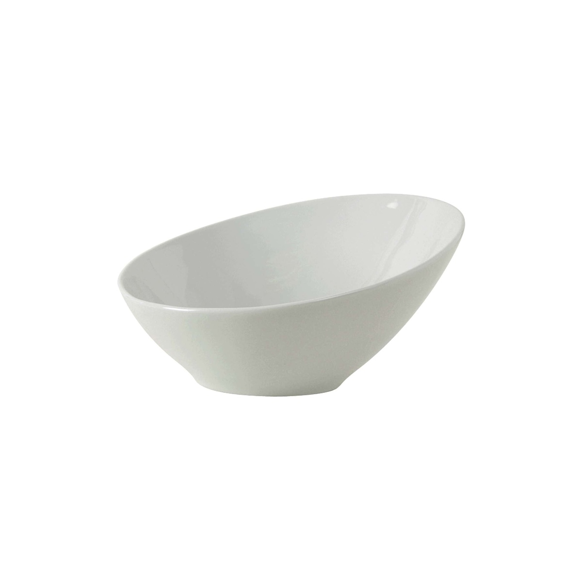 Tuxton BPB-220U 21 oz porcelain white slant bowl, angled profile view on white background