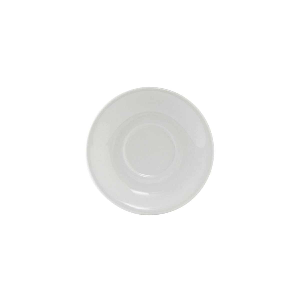 Tuxton porcelain white espresso saucer top-down view showing concentric ring detailing