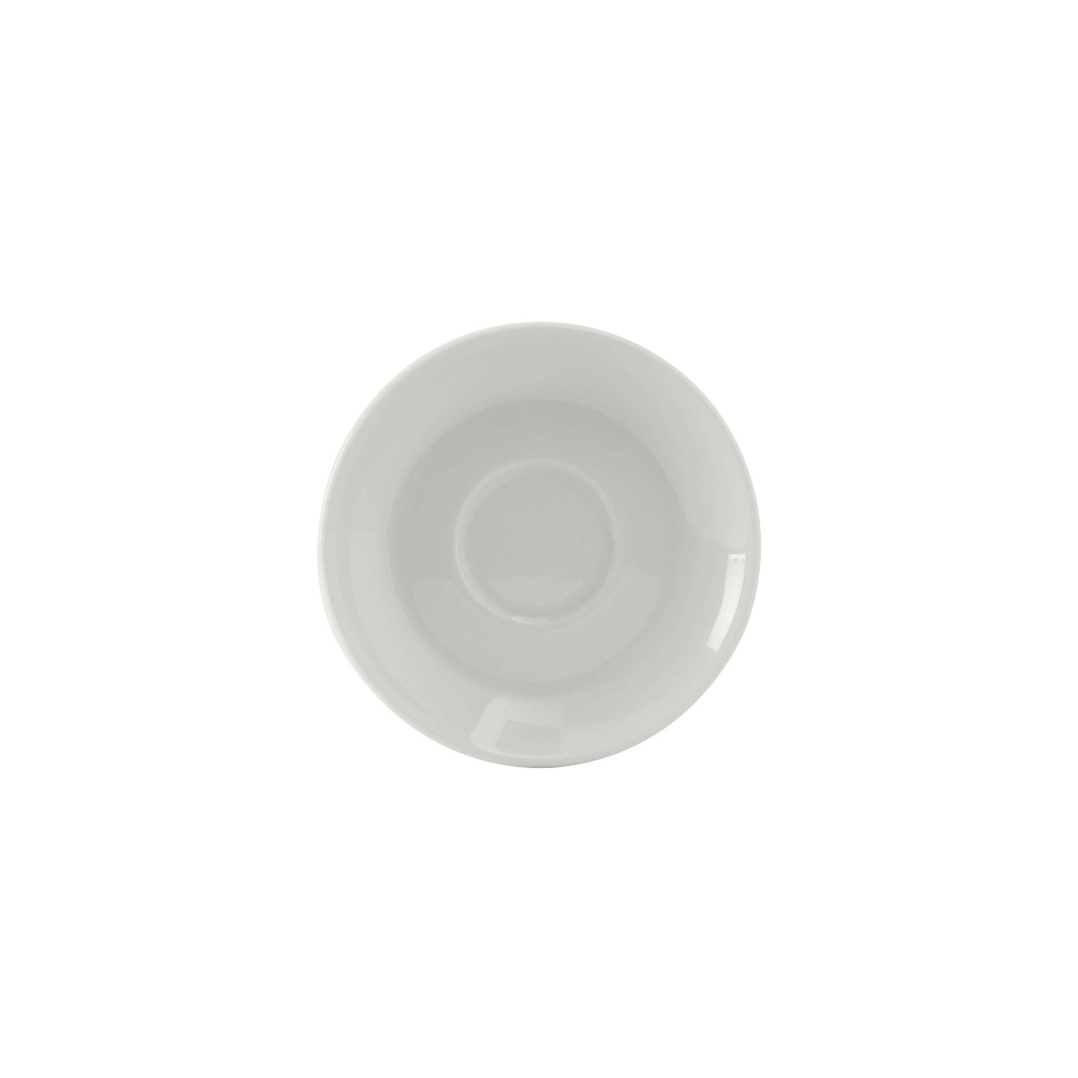 Tuxton BPE-0451 4-5/8 inch round porcelain white cappuccino saucer, top-down view