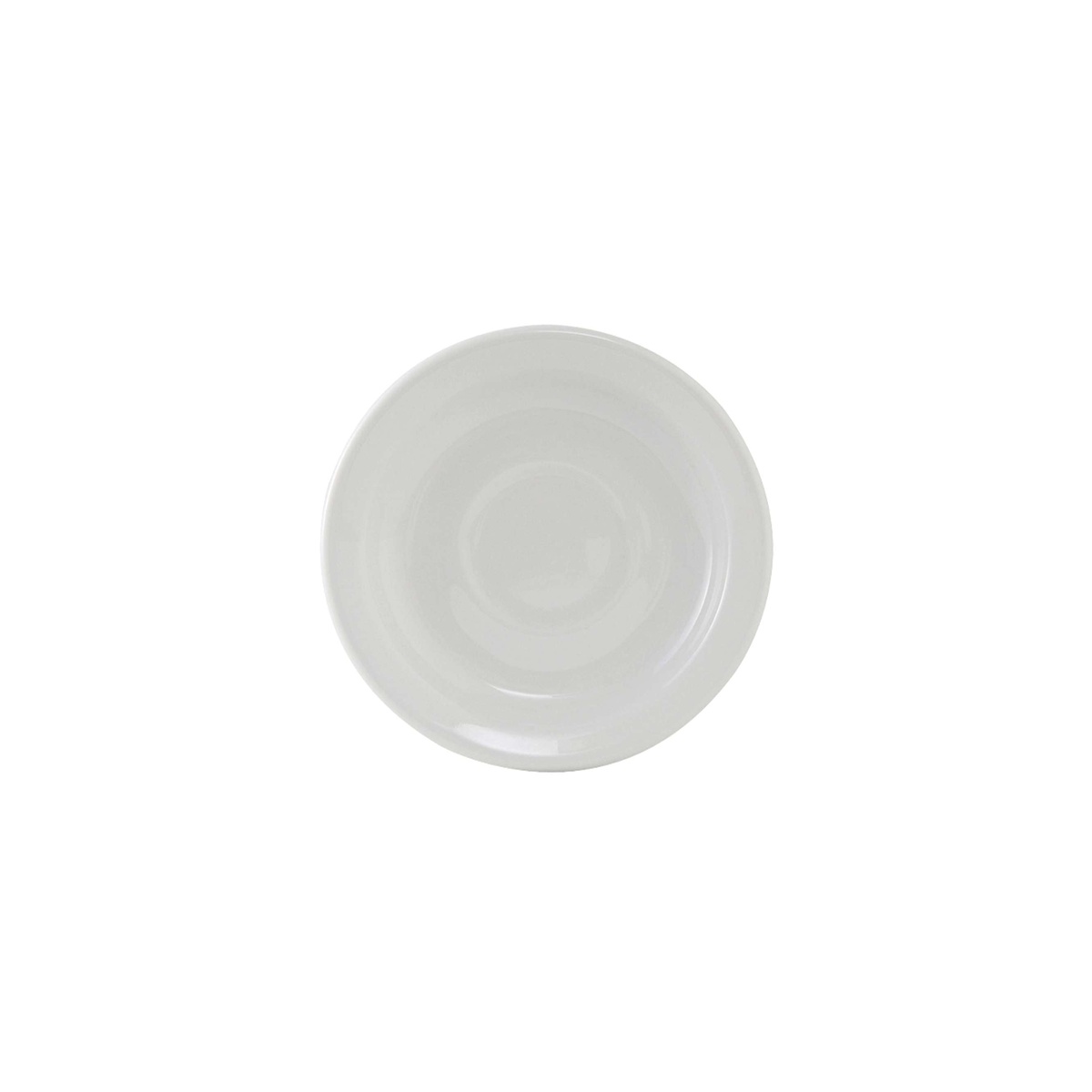 Tuxton porcelain white saucer top-down view showing smooth glossy surface