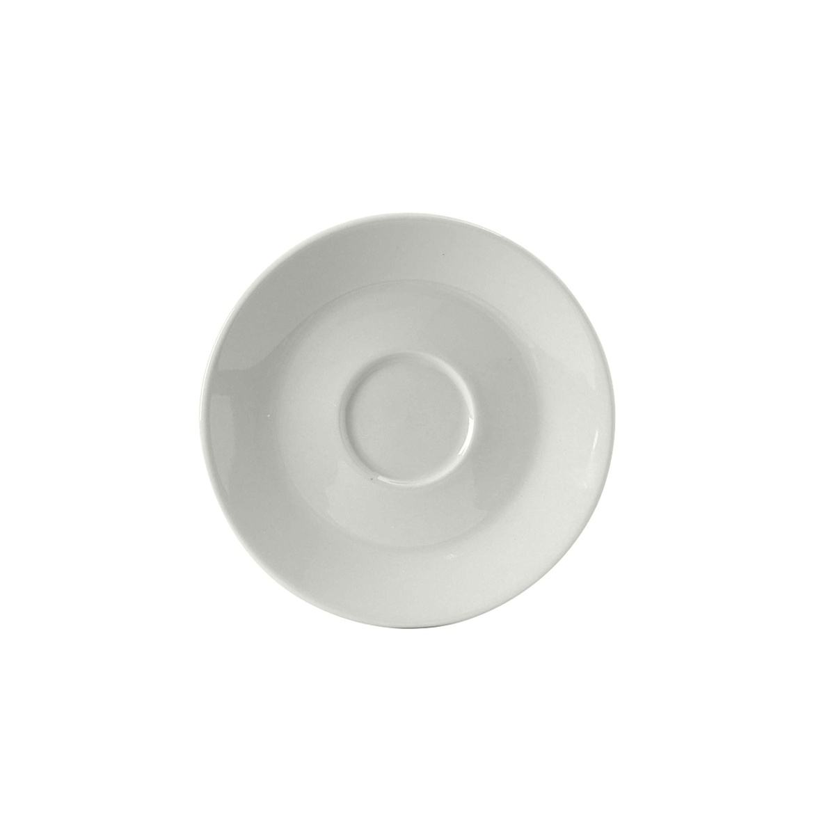 Tuxton BPE-0631 porcelain white cappuccino saucer, angled view showing concave well and glossy finish