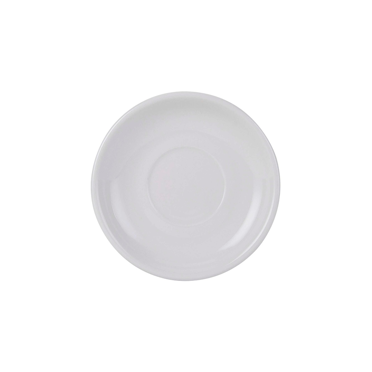 Tuxton porcelain white cappuccino saucer, top-down view showing concentric ring detail and smooth white surface