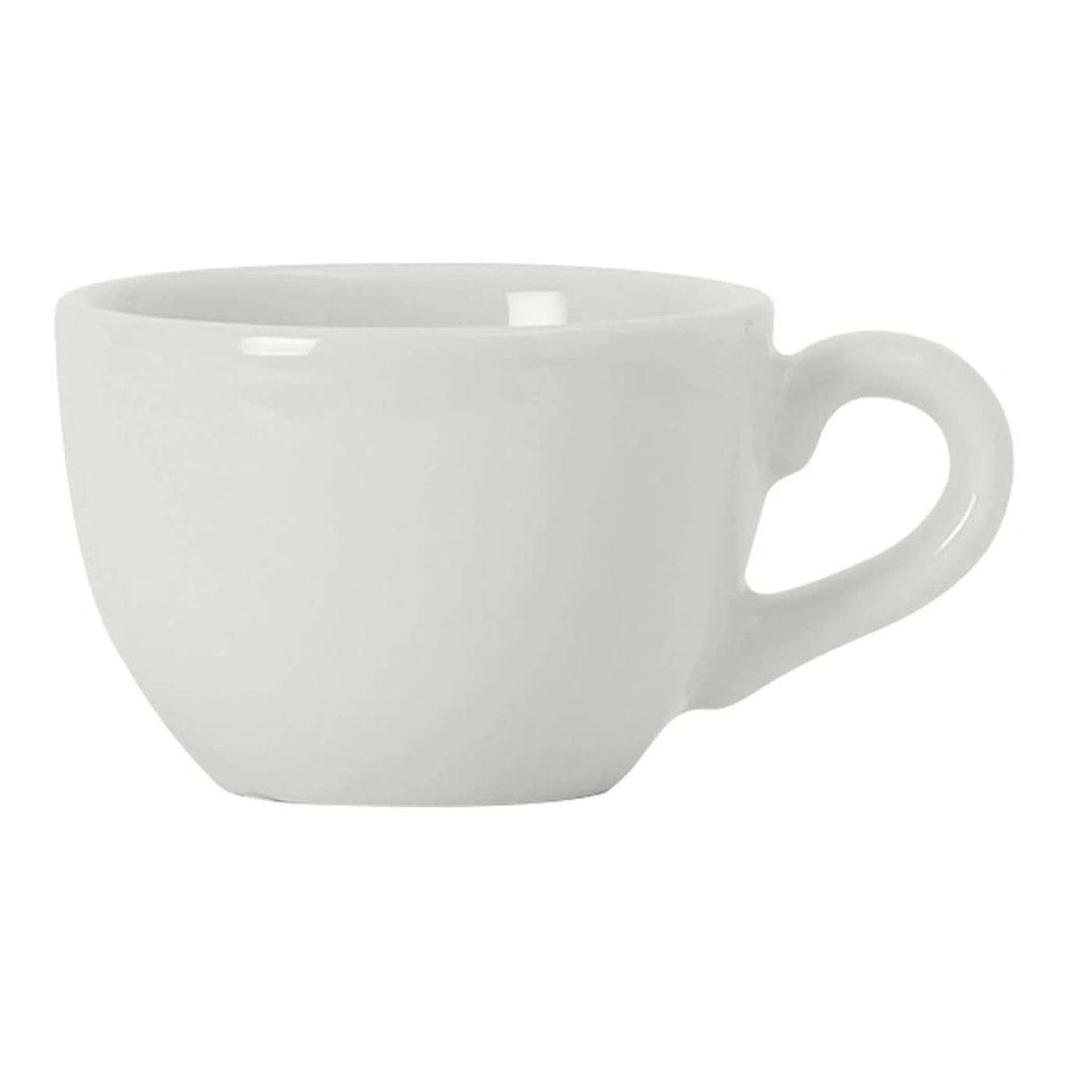 Tuxton China BPF-0301 white porcelain 3 oz. cappuccino cup with handle, side view