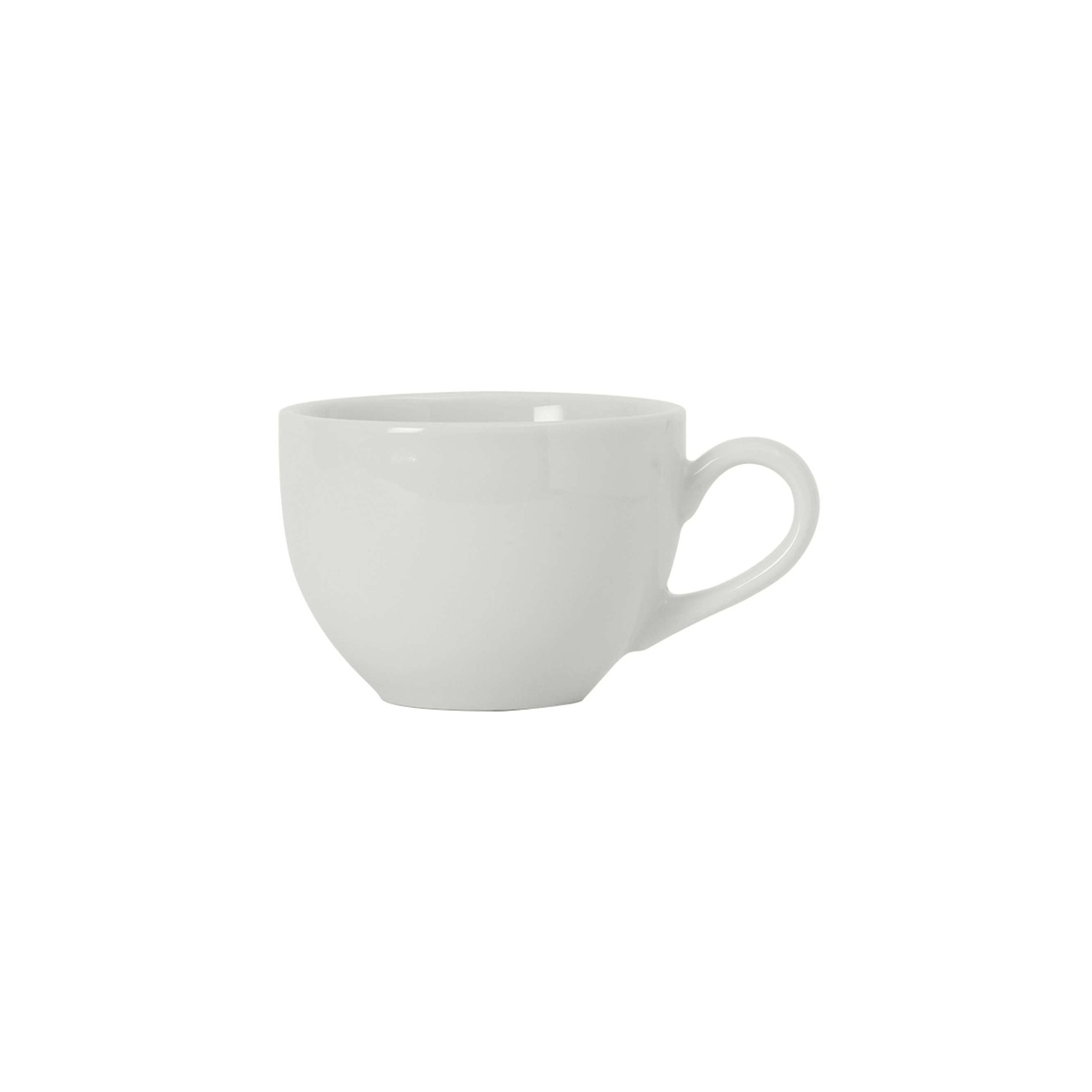 Tuxton BPF-0801 8 oz. Porcelain White China Cappuccino Cup, side view showing wide bowl and handle