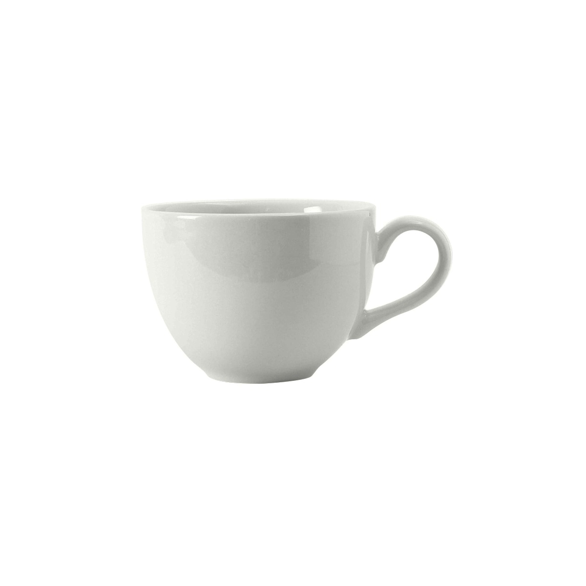 Tuxton Porcelain White China Cappuccino Cup showing glossy mirror finish and wide rim