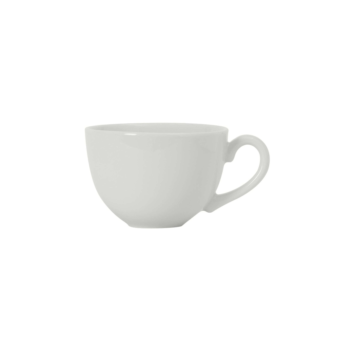 Tuxton Porcelain White China Cappuccino Cup profile view showing wide bowl profile and loop handle