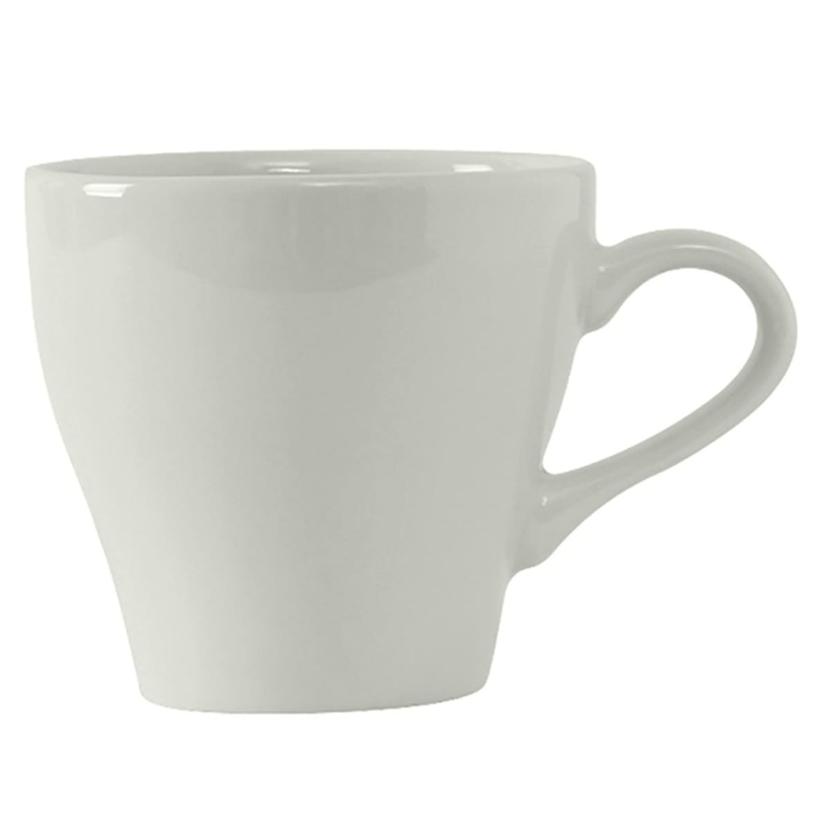 Tuxton BPF-0808 8 oz porcelain white Europa cappuccino cup with comfort grip handle, side view