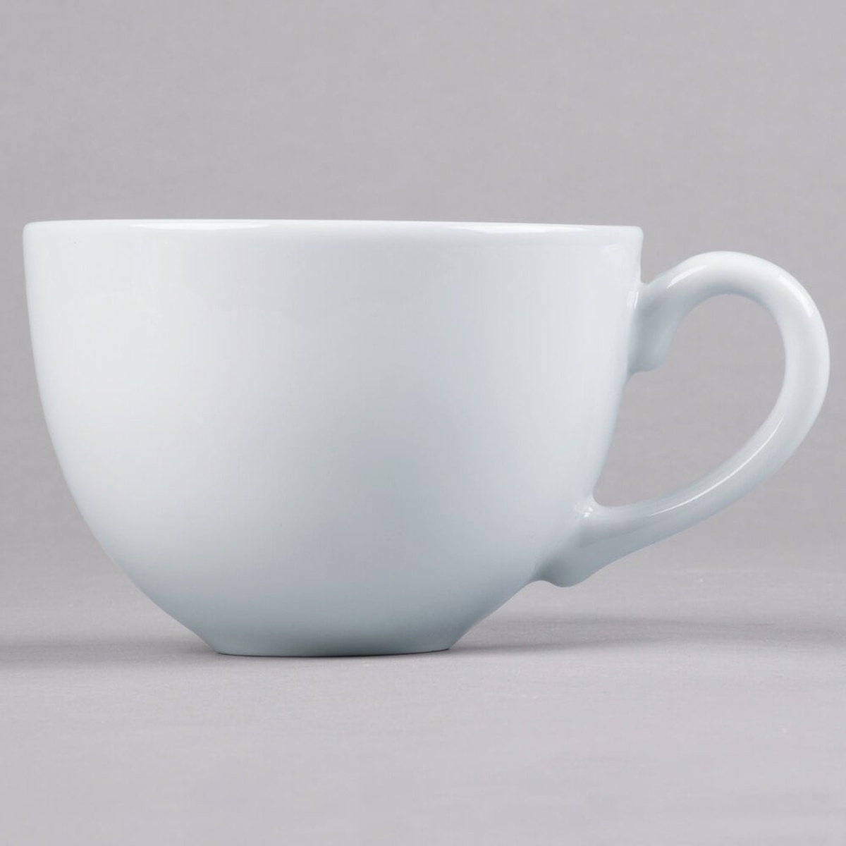 Tuxton BPF-1601 porcelain white china cappuccino cup side view showing rounded bowl and loop handle