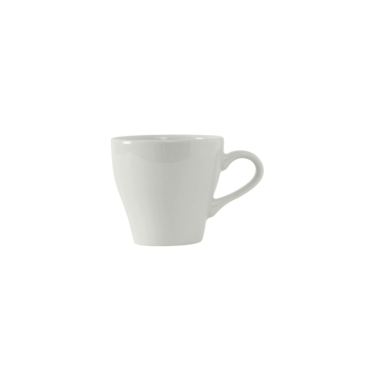 Tuxton Europa porcelain white china cup showing tapered body and curved handle detail