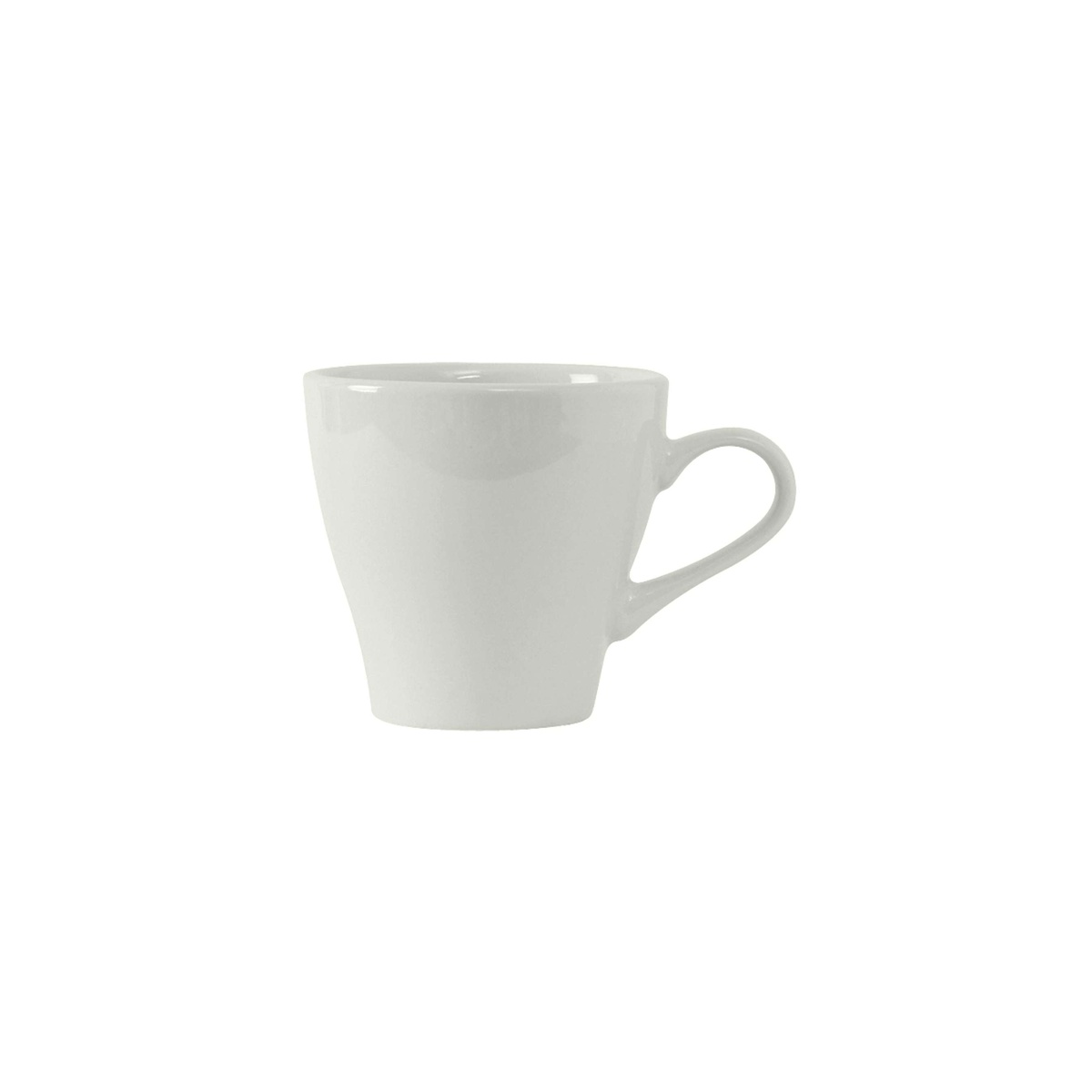 Tuxton Europa porcelain white china cup showing glossy mirror finish and loop handle