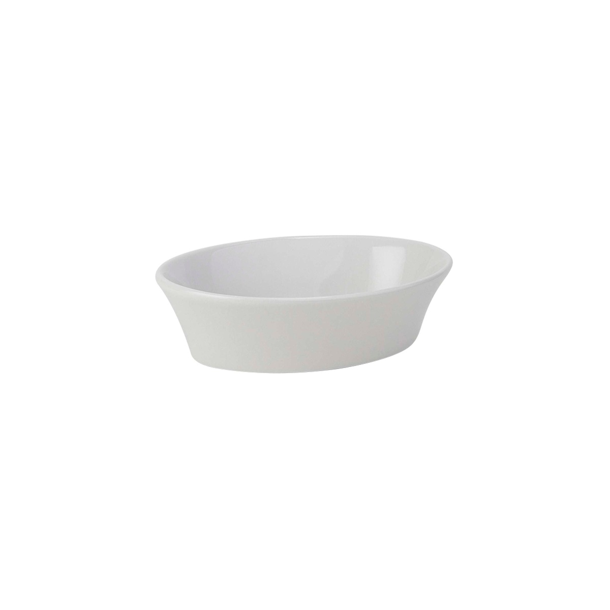 Tuxton porcelain white oval baker medium size showing smooth exterior walls and deep interior cavity