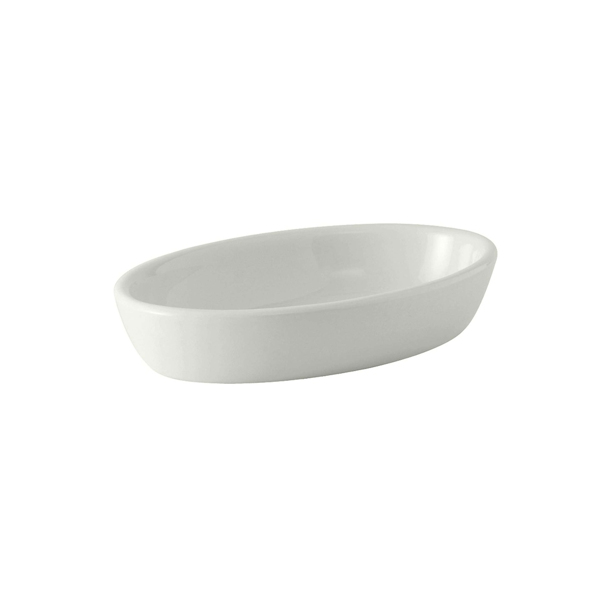 Tuxton BPK-240 porcelain white 24 oz oval baker, angled view showing deep oval form and glossy interior