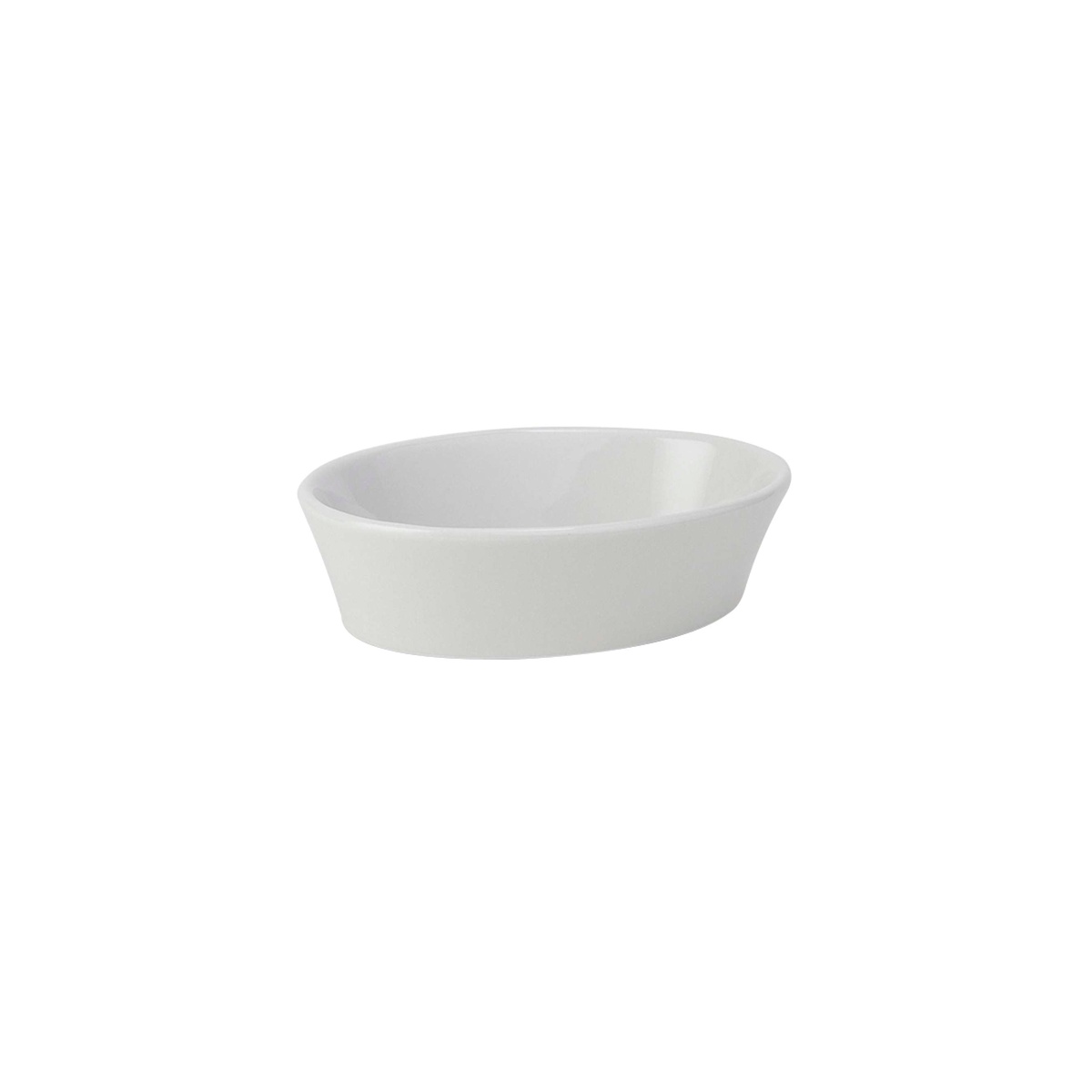 Tuxton porcelain white oval baker smaller size showing classic tapered sidewall design and glossy finish