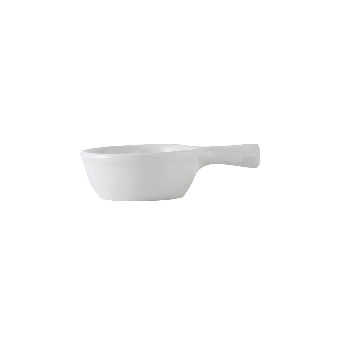 Tuxton BPS-0902 9 oz Porcelain White French Casserole dish with integrated handle, side profile view