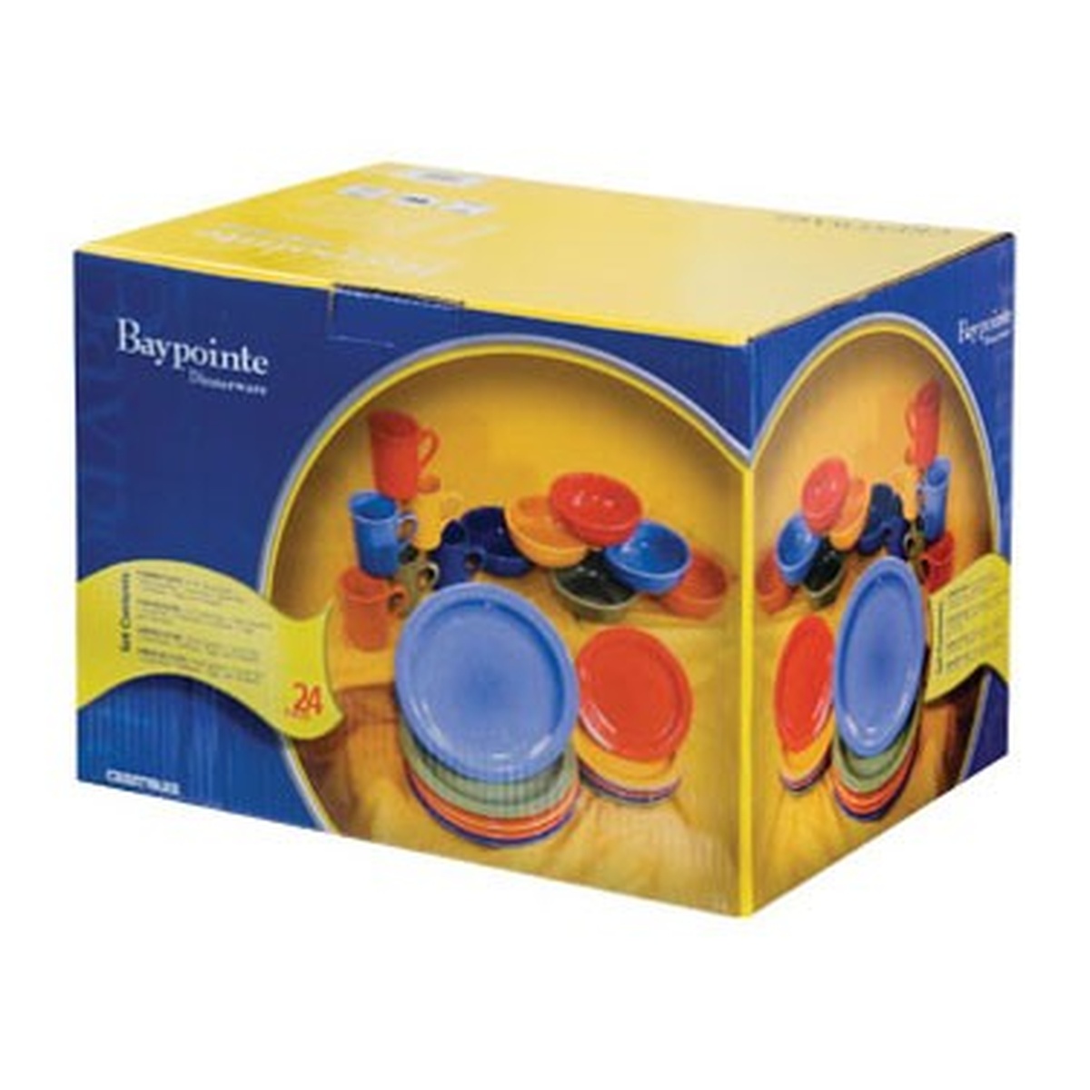 Crestware Bay Pointe 24-Piece Dinnerware Box Set in retail packaging showing colorful assorted plates, bowls, and mugs