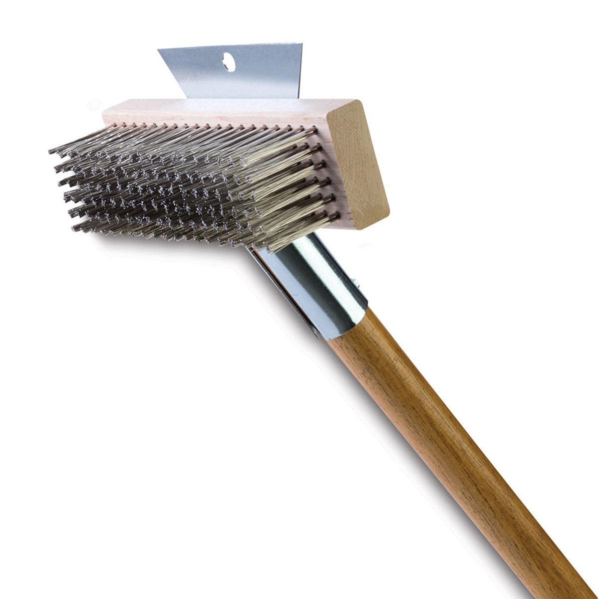Malish Broiler Queen grill brush with stainless steel wire bristles, wood handle, and attached steel scraper blade