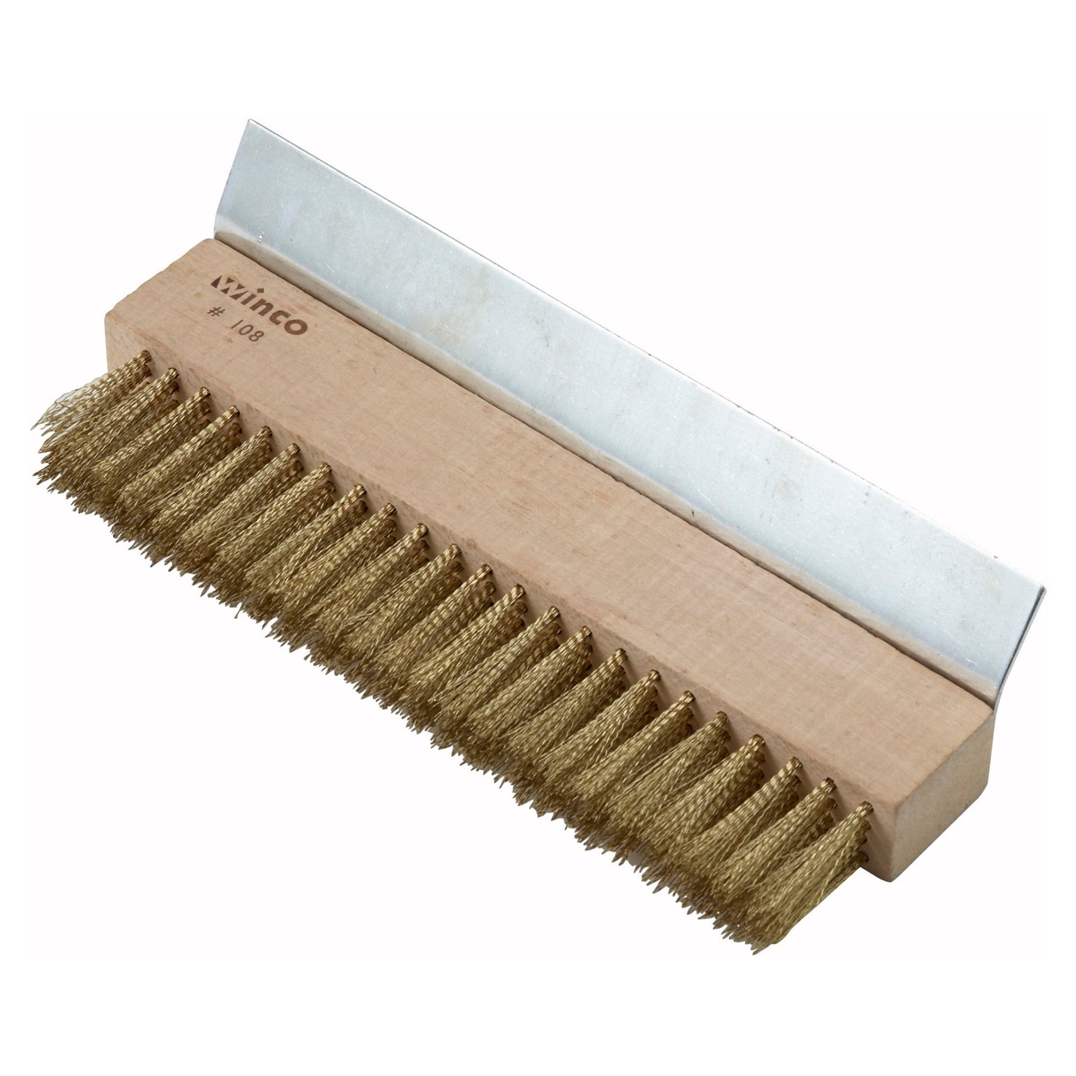 Winco BR-10 pizza oven brush head showing brass wire bristles on wood block with integrated metal scraper