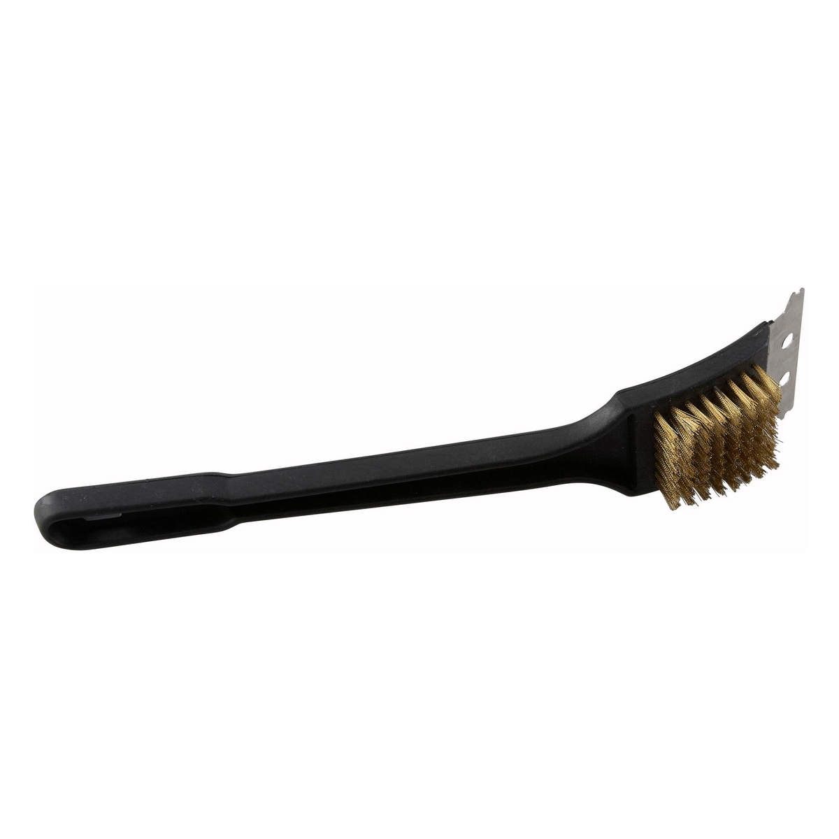 Winco BR-12 12-inch grill BBQ brush with brass wire bristles and metal scraper on black plastic handle