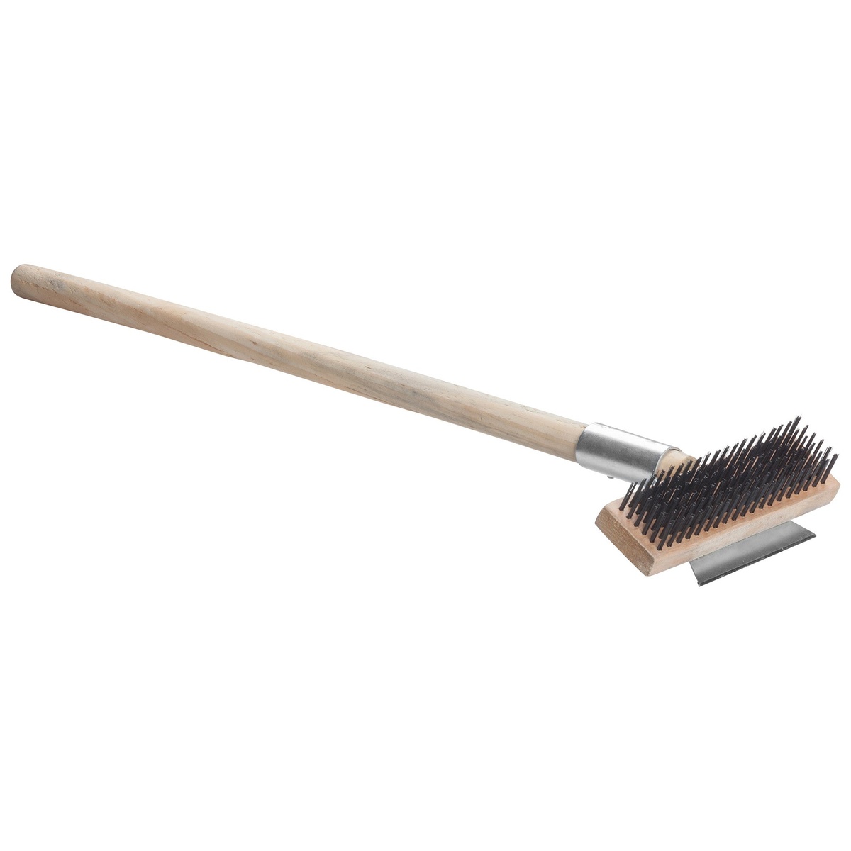 Winco BR-27 pizza oven wire brush with 27-inch wooden handle and attached metal scraper, full product view