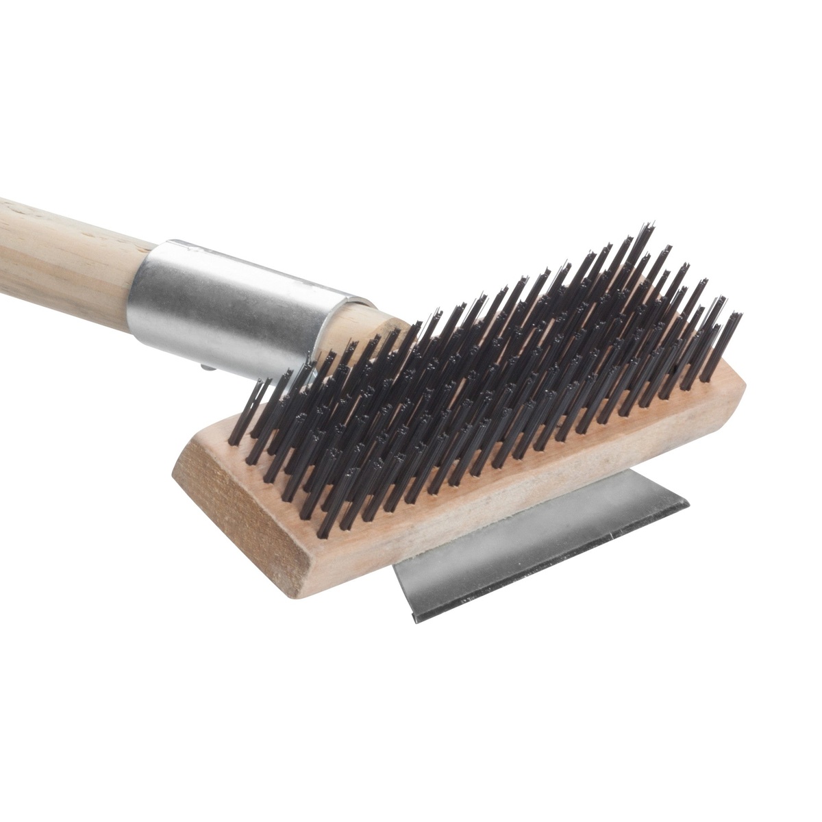 Close-up of Winco BR-27 brush head showing dense carbon wire bristles and metal scraper blade