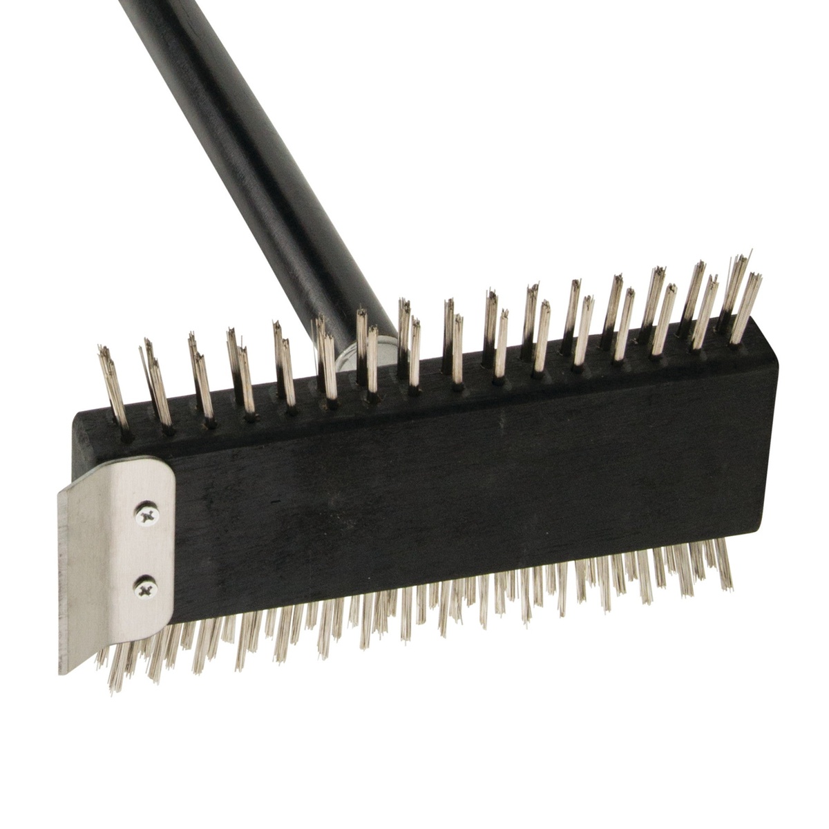 Close-up of Winco BR-30 dual-sided brush head with stainless steel wire bristles and scraper blade