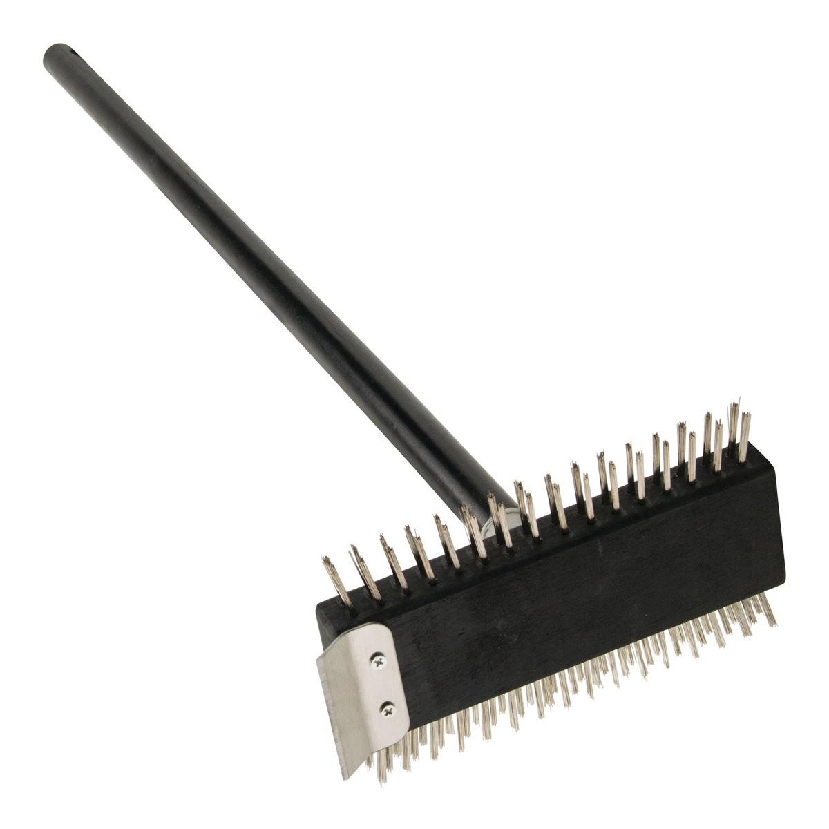 Winco BR-30 full view showing 30-inch black handle and stainless steel wire brush head