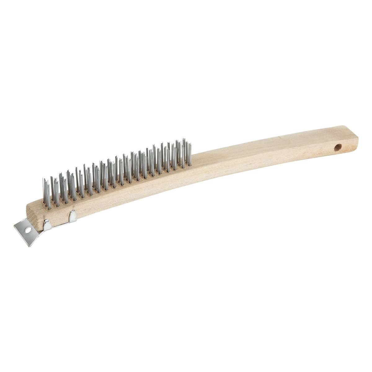 Winco BR-319 14-inch scratch brush full view showing wood handle, steel wire bristles, and integrated metal scraper