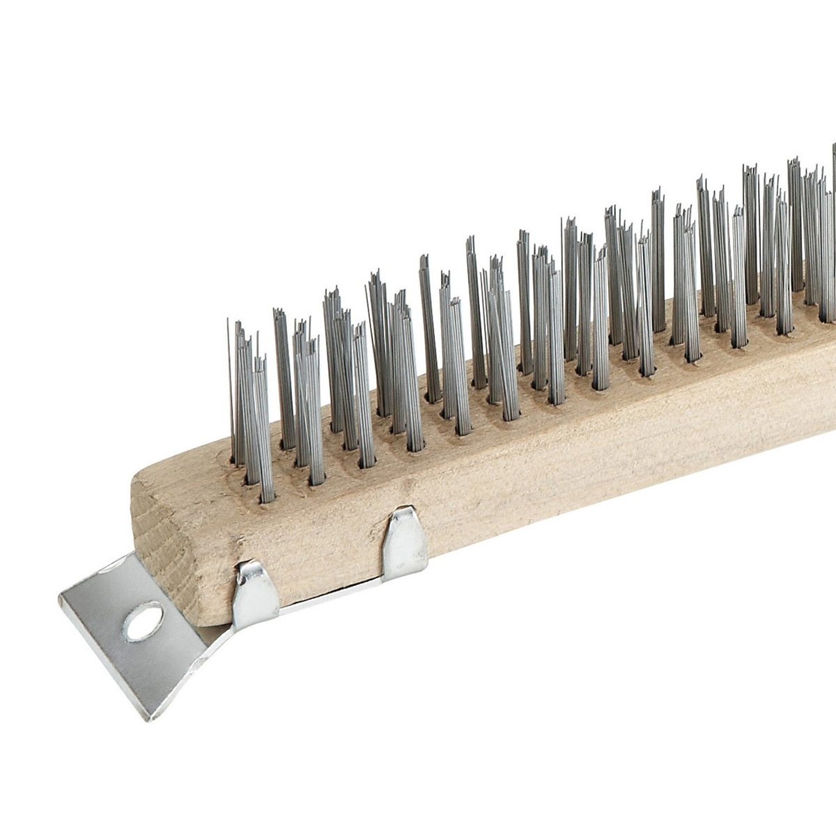 Close-up of Winco BR-319 wire bristle head showing 19 rows of steel bristles and metal scraper attachment