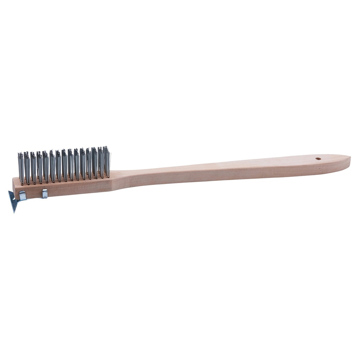 Winco BR-500 20-inch wire scratch brush with natural wood handle and metal scraper end, full side view