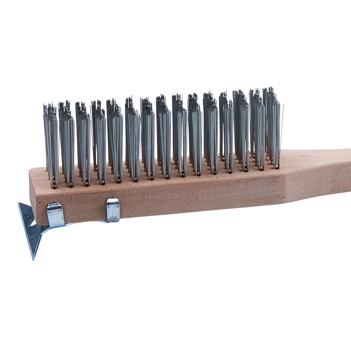 Close-up of Winco BR-500 brush head showing dense wire bristles and integrated metal scraper attachment