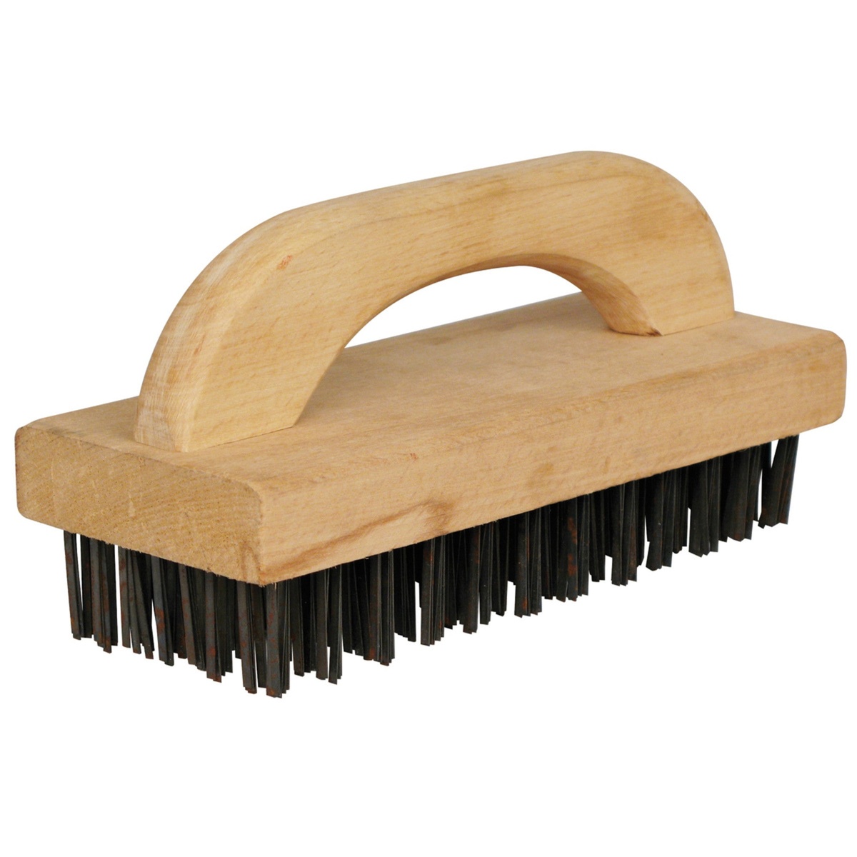 Winco BR-9 butcher block brush with curved wooden handle and steel wire bristles