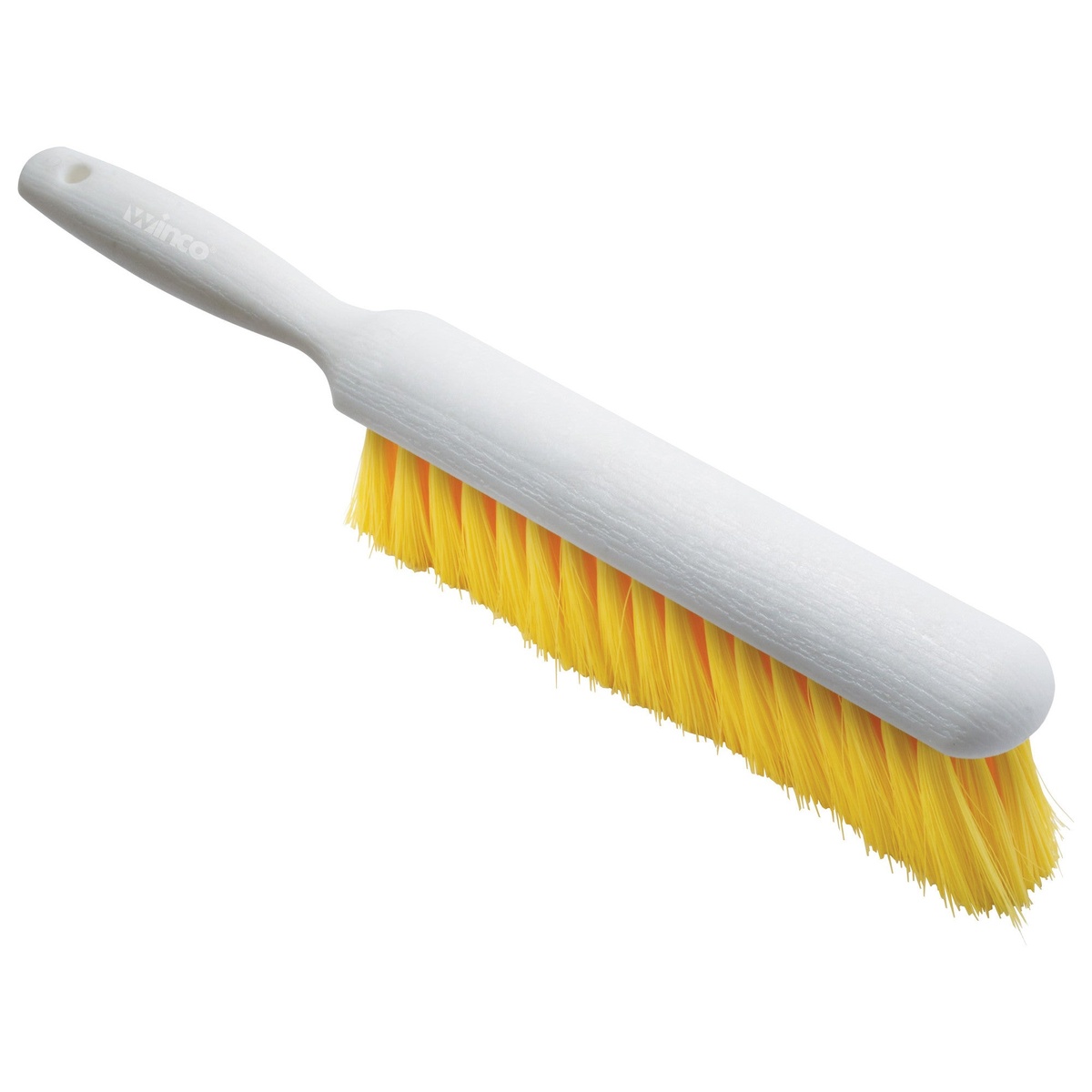 Winco BRC-14Y counter cleaning brush with white plastic handle and yellow polypropylene bristles