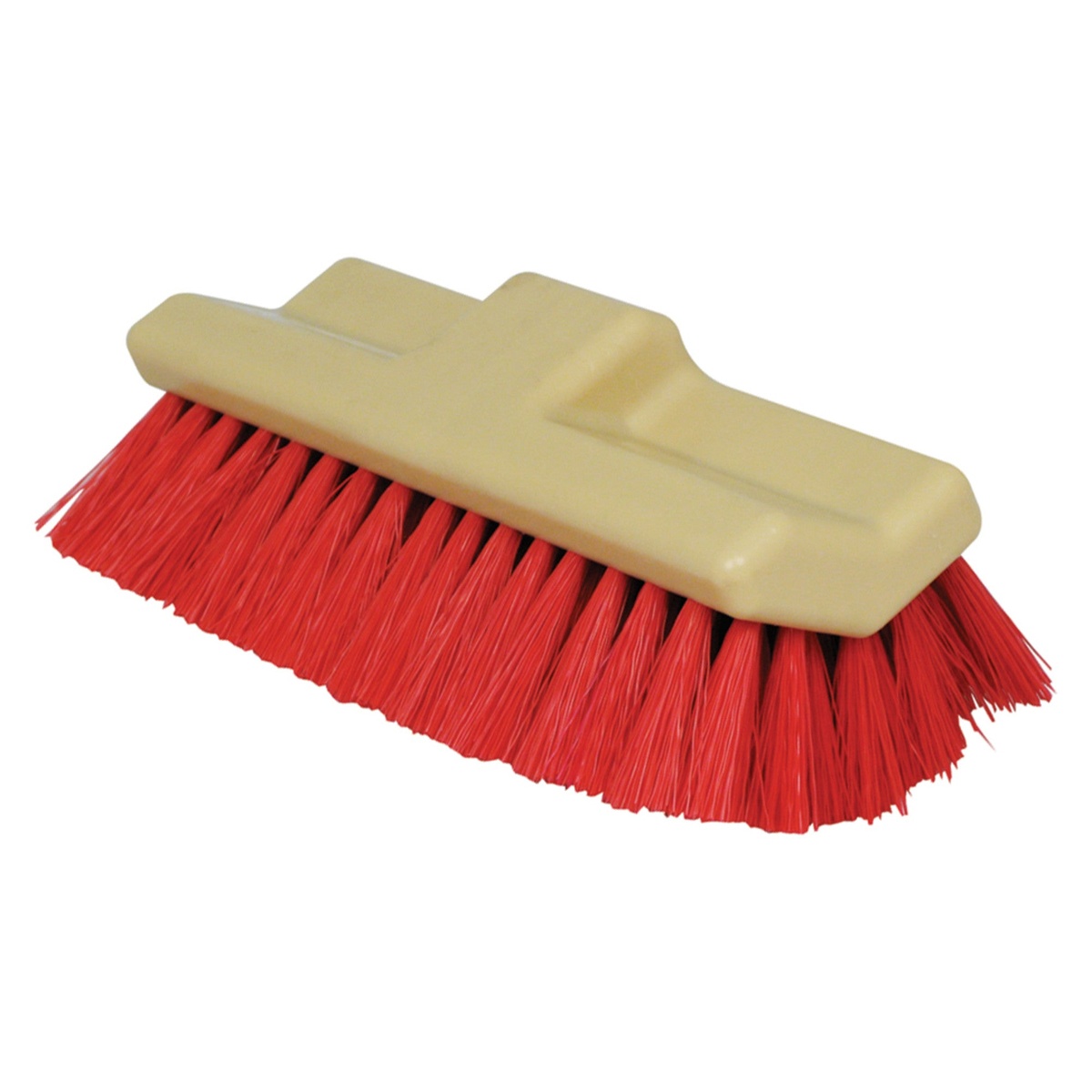 Winco BRF-10R 10-inch floor scrub brush head with red multi-angle synthetic bristles and tan plastic mounting base