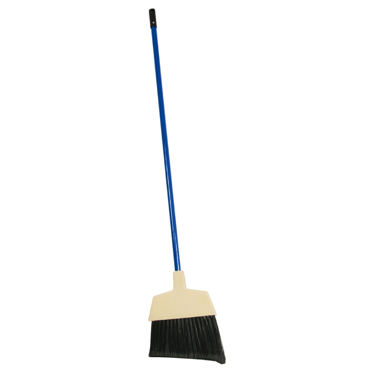 Winco BRM-60L angled lobby broom with blue metal handle, tan head, and black flagged bristles